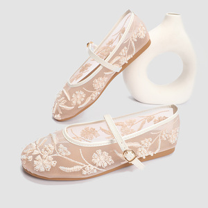 <b>Woman</b> Design Embroidery Flowers Pearl Mesh Round Tor <b>Buckle</b> Strap Ballet Flats Loafers Ladies Mary Jane Shoe Mules <b>Sandal</b> - Product Image 2