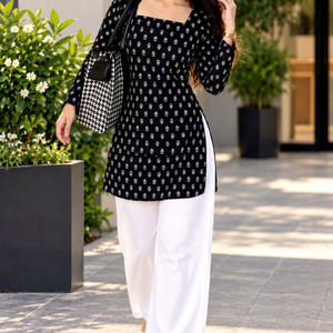 Women's Black Floral Print Square Collar <b>Bell</b> Sleeve Regular Fit Blouse Spring Summer Casual Party Woven Rayon Short Kurti - Product Image 1
