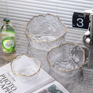 Ensemble de bols à fruits en verre de luxe pour la maison, table basse, salon, assiette à dessert, assiette à salade, style simple, transparent avec bord doré - Product Image 5