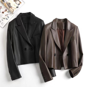 3126 traje de diseño clásico y elegante bolsillo de solapa cuero genuino piel de oveja señoras Chaqueta corta abrigo - Product Image 2