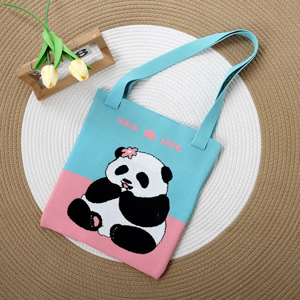 Cute and Versatile Portable Panda Design Knitted Tote Women's Bag Large Capacity Winter Unique Thick Hand Bag