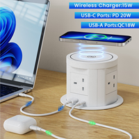 Centro de alimentación emergente de alta resistencia 7 en 1 con base inalámbrica de 15W, 4 tomas de corriente, puertos USB-A y USB-C PD de 20W, y toma de corriente de mesa de 120mm para cocina