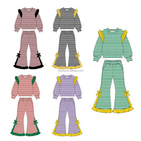 Ensemble sweat-shirt rayé et pantalon évasé pour petites filles, orange, avec volants aux épaules et nœud, coupe cloche, deux pièces, tenues d'automne
