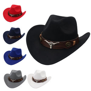Vintage Style Ethnique <span class=keywords><strong>Bull</strong></span> OX Ceinture Western Cowboy Chapeau Topper Chapeau Rouleau Bord Rétro Équitation Faux Feutre Chapeaux pour Adultes Enfants Mode - Product Image 3