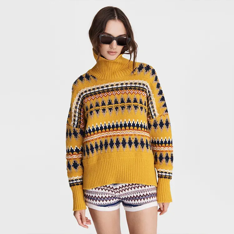 Wholesale ladies yellow intarsia knit jumper sweater logo woman high neck jacquard long sleeve cable knit pullover sweater