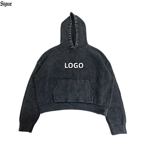 Sudadera con capucha de punto acanalado para hombre con logo personalizado 2026, estilo vintage, lavado pigmentado, oversize, corta, streetwear, con bolsillo canguro - Product Image 3