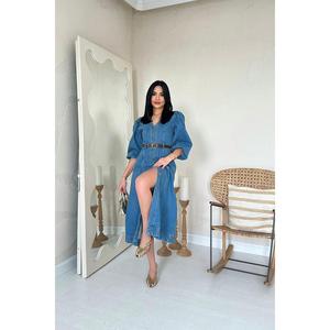 Vestido vaquero azul con mangas abullonadas, cuello cuadrado, corte en A, estilo vintage, transpirable, de longitud media para mujer - Product Image 3