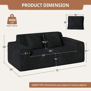 أريكة سحابية مضغوطة حديثة بمقعدين من قطعتين أريكة مخملية مضغوطة حديثة بحجم 2 مقعد أريكة بدون عظمي أنثراسايت منخفضة موك ناعمة بمقعدين - Product Image 2