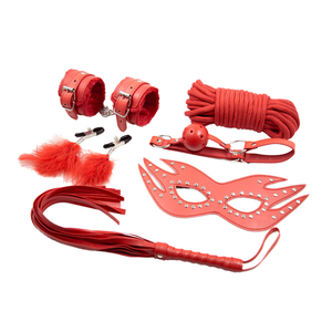 ชุดหน้ากากหนังปิดตาพร้อมที่ปิดปากทรงลูกบอลรูปมือและเท้าไขว้ พร้อมผ้าคลุมคอ - ชุดอุปกรณ์พันธนาการ 6 ชิ้น ของเล่น SM สำหรับผู้หญิงเพื่อความสุข - Product Image 1