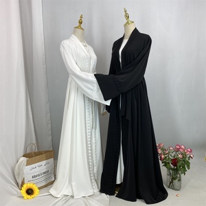 Nouvelle arrivée 2025, élégante abaya ouverte en Nida avec dentelle florale assortie et poches, couleur unie noir et blanc pour femmes musulmanes 1461 # - Product Image 2