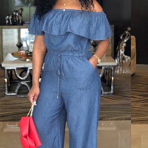 Combinaison Jean Ample Été Grande Taille Style Tendance à Bord Volanté, Col Bateau et Manches Courtes pour <span class=keywords><strong>Femme</strong></span> - Product Image 2