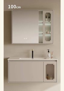 Mueble de baño suspendido con espejo LED táctil, acabado en barniz, vidrio esmerilado, gabinete de almacenamiento y lavabo integrado, personalizado para el hogar - Product Image 6