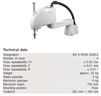 Robot manipulateur 4 axes Scara KUKA KR 6 R700 Z200-2 pour levage, charge utile maximale 6 kg, robot pour préhension et placement