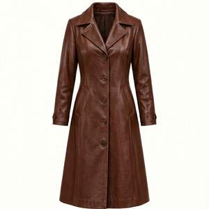 Gabardina Larga de Cuero Marrón para Mujer con Cierre de Botones - Product Image 1