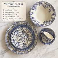 Service de table en céramique bleu vintage de luxe à motif floral festonné, assiettes et bols en porcelaine française embossée, résistant au micro-ondes