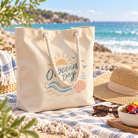 Sac de plage personnalisé avec poignées en corde, imprimé coquillages et étoiles de mer, idéal pour les vacances d'été et les voyages en station balnéaire