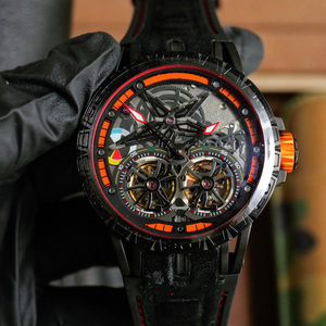 Wholesale Luxury Double Tourbillon Mechanical Watch Men's <b>Red</b> Black Skeleton Dial Leather Strap Wristwatch - Product Image 3