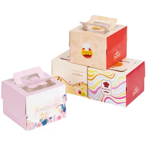Logo personalizzato di alta qualità all'ingrosso e scatola di imballaggio per torte in carta colorata di dimensioni con manico e finestra trasparente