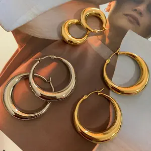 Moda Minimalist 18K altın kaplama kalın Hoop küpe 3 boyutları altın ve gümüş düz tıknaz çember küpe kadınlar için