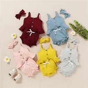 Pamuk yaz tığ bebek giysisi jartiyer Petal kollu nervürlü Halter bebek kız giysileri yaz kıyafetleri kız için