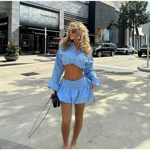 <span class=keywords><strong>Ensemble</strong></span> de jupes décontractées pour femmes, col à revers bleu, taille dénudée, taille basse, manches longues, <span class=keywords><strong>chic</strong></span>, collection été 2025 - Product Image 2