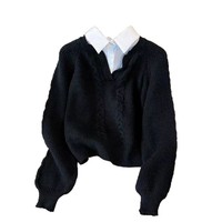 Pull tricoté ample à col revers pour femme, style chemise, motif patchwork, design tissé à la main, tricot torsadé, effet deux-pièces, collection automne/hiver