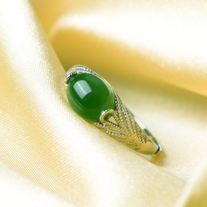 Natural Hetian Jade Ring Women Platinum Plated Green Chalcedony Bezel Setting Open Ring Gift Jewelry - Product Image 2