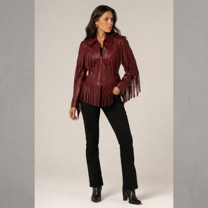 Women’s Genuine Leather <b>Fringe</b> <b>Jacket</b> Deep Burgundy Western Style Long <b>Fringe</b> Custom OEM ODM Wholesale Fashion Outerwear - Product Image 1