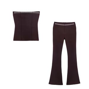 Pantalones y Top de Poliéster Transpirable, Estilo Europeo y Americano, de Cintura Alta, Casuales, Acampanados, Lisos y Teñidos para Mujer - Product Image 2