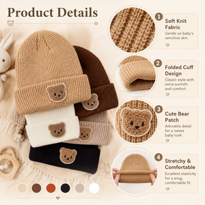 Gorro de punto para bebé con logo personalizado, suave, con parche de oso, dobladillo plegable, gorro cálido de invierno para recién nacido, venta al por mayor OEM <span class=keywords><strong>a</strong></span> granel - Product Image 4