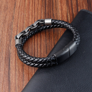 Braided Genuine <b>Leather</b> <b>Bracelet</b> & Antique Silver 316L Stainless Steel Chains & Magnetic Clasp | Vintage Style Men's Wristband - Product Image 3