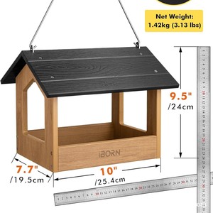 Mangeoire à oiseaux suspendue en bois massif pour extérieur, toutes saisons, résistante à la pluie, pour patio/balcon - Product Image 4