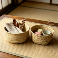 Panier de rangement rond en jonc de mer tressé à la main pour fruits et légumes, style pastoral, multifonctionnel, pour bureau et cuisine