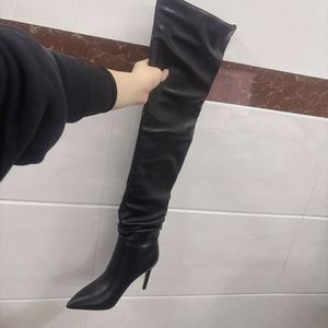 Bottes longues pour femme style Wrinkle, grandes bottes rouges en cuir pour femme, hauteur genou - Product Image 5