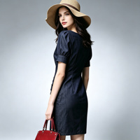 Robe fourreau en jean bleu marine pour femme, col rond, manches bouffantes, taille froncée, coupe ajustée, robe midi décontractée, tenue de travail élégante