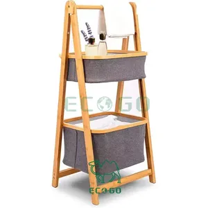 2 Tier Foldable Laundry Basket Standing <b>Bathroom</b> <b>Storage</b> Shelf Collapsible Hamper Bamboo Organizer Shelves <b>Corner</b> - Product Image 1