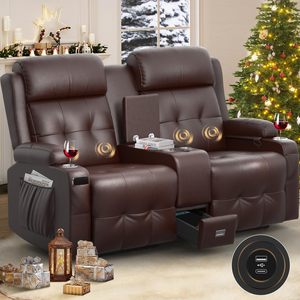 Canapé deux places inclinable massant avec console, rangement USB et porte-gobelets, idéal pour camping-car - Product Image 1