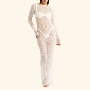 Férias de verão ver através maxi encobrimentos crochet vestido transparente praia sem encosto malha vestido branco para as mulheres