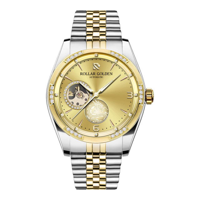 Men Automatic Mechanical Watch Partial Skeleton Dial Crystal Inlaid Bezel Dragon Relief Stainless Steel Band Wristwatch