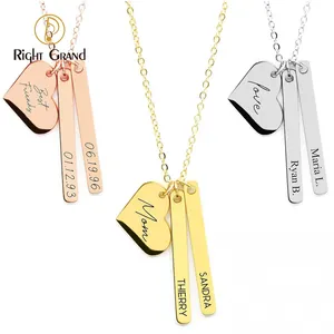 Stainless Steel Rose Gold Bar Necklace Names Engraved Heart Pendant Personalized Necklace For Mother's Day