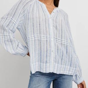 Blusa de Lino para Mujer, Nueva Moda, Color Sólido, Manga Larga, Holgada, Camisa de Playa, Blusa de Vacaciones, Camisa de Lino a Rayas - Product Image 2