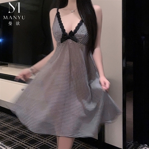 yims Lencería romántica, camisón coreano de encaje a cuadros con cuello halter para niñas, pijama <span class=keywords><strong>sexy</strong></span> con lazo 9561 - Product Image 2