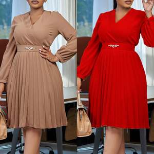 D497时尚2024秋季高品质修身v领时尚优雅纯色褶裥超大非洲办公休闲装 - Product Image 1
