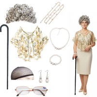 Kit de déguisement de grand-mère, perruque grise bouclée, lunettes vintage, collier et boucles d'oreilles perlées, tenue de vieille dame pour Halloween adulte