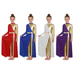 Costume de danse de louange métallique pour filles de 6 à 16 ans, robe de chorale d'église et leggings pour spectacles sur scène, idéal pour la danse de salon et la danse latine. - Product Image 1