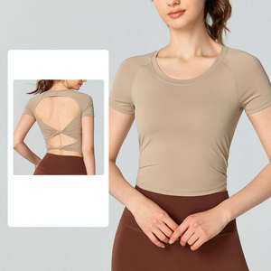 Logo personnalisé en gros de haute qualité ras du cou rond à manches courtes haut de yoga pour les femmes - Product Image 4