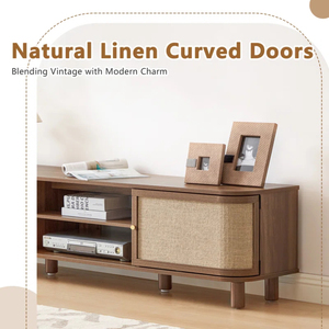 Factory Direct NEW Design Rattan Curved Door Tv Stand, Mid Farmhouse TV <b>Cabinet</b> with Natural Linen - Product Image 2