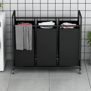 Vente en gros d'articles ménagers, panier à linge à 3 compartiments avec roulettes robustes verrouillables, panier à linge sale, chariot à linge - Product Image 2