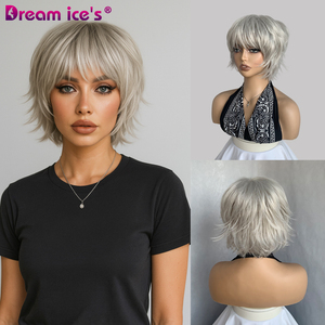Perruque courte en cheveux synthétiques ondulés lisses gris clair blond, <span class=keywords><strong>coupe</strong></span> pixie, sans <span class=keywords><strong>frange</strong></span>, sans dentelle, pour femmes, en couches, résistante à la chaleur - Product Image 2