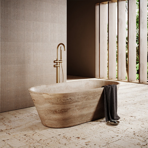 Baignoire autoportante haut de gamme moderne en travertin beige sculpté à la main, écologique, <span class=keywords><strong>avec</strong></span> drain, pour salle de bain intérieure - Product Image 2